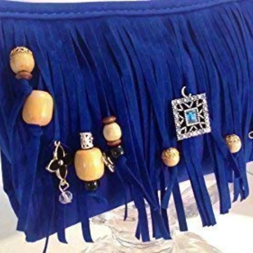Fringed CROSSBODY BLUE Purse‎ Clutch w Chain Charm Enamel Flower Charm